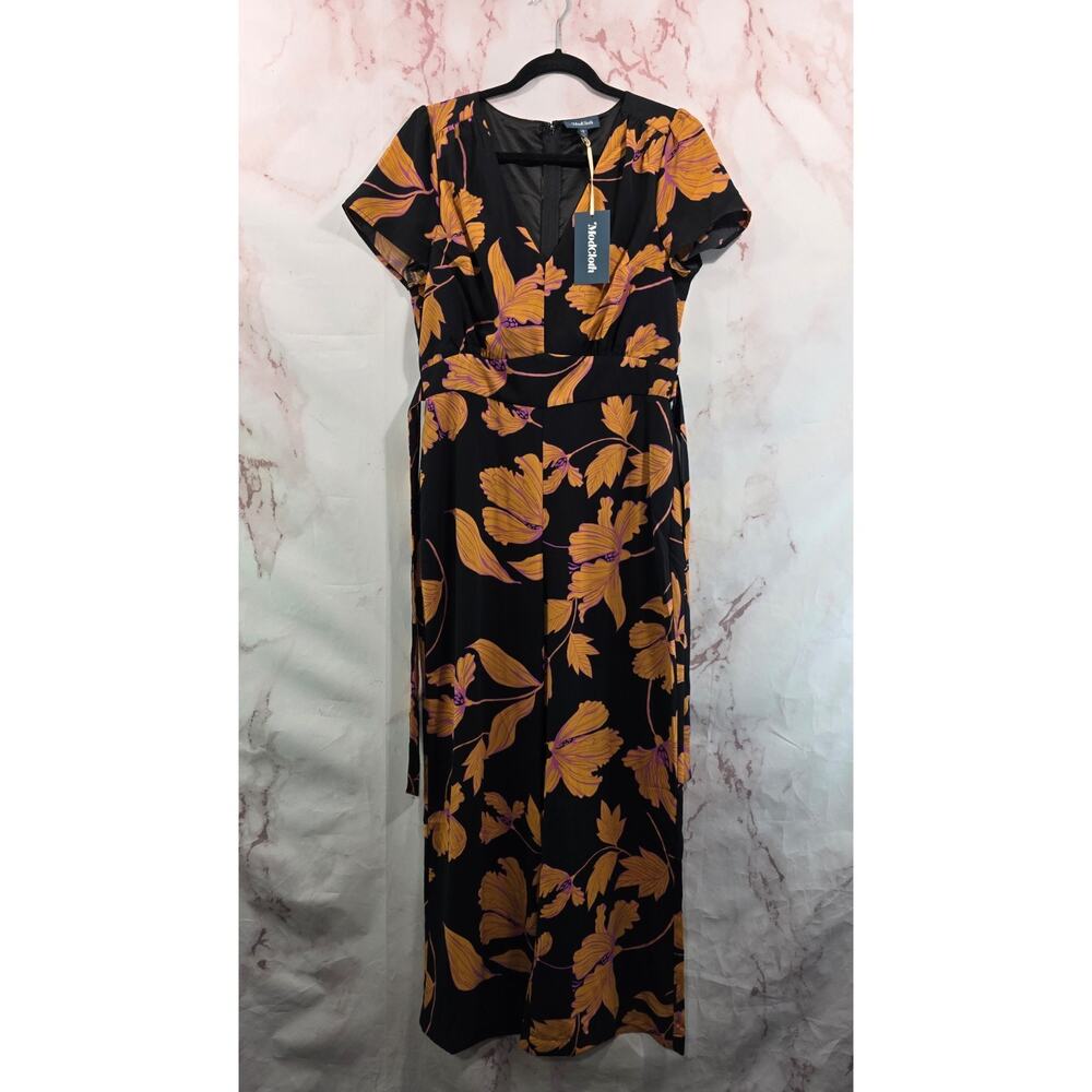 Mod Cloth Jumpsuit Womens Medium Black Orange Floral Wide Leg Aiming Higher V